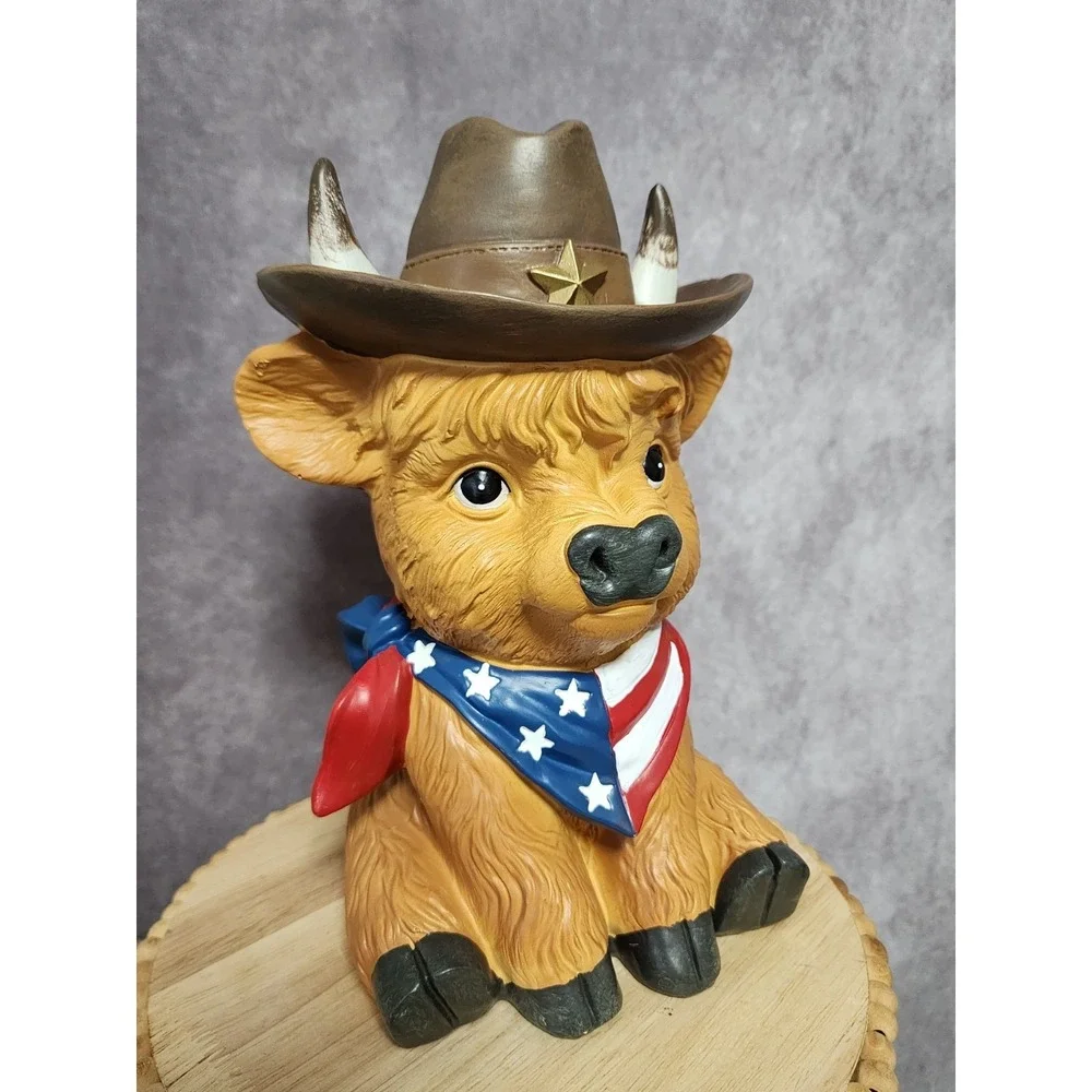 Patriotic Americana Western Highland Cow With Cowboy‎ Hat Scarf Figurine 10.5